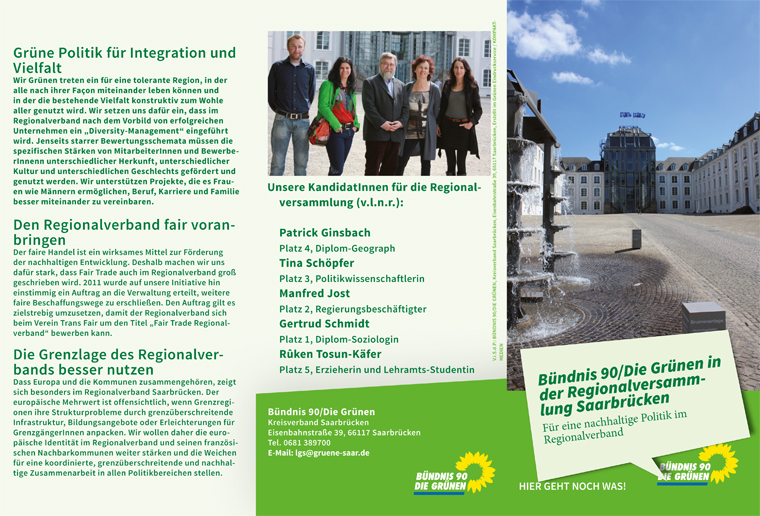 7. Mai 2014: Jetzt zum Herunterladen | Der grüne Flyer zur Wahl der Regionalversammlung Saarbrücken